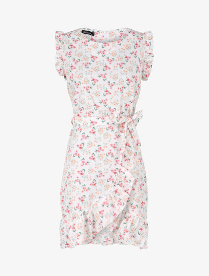 Robe imprimé fleurs des champs à bords volantées style portefeuille - Blanc - 1