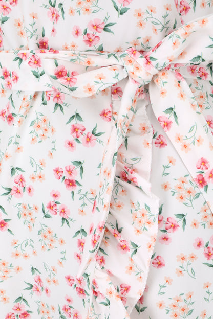 Robe imprimé fleurs des champs à bords volantées style portefeuille - Blanc - 3