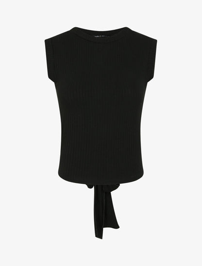 Top côtelé à ceinture à nouer - Noir - 1