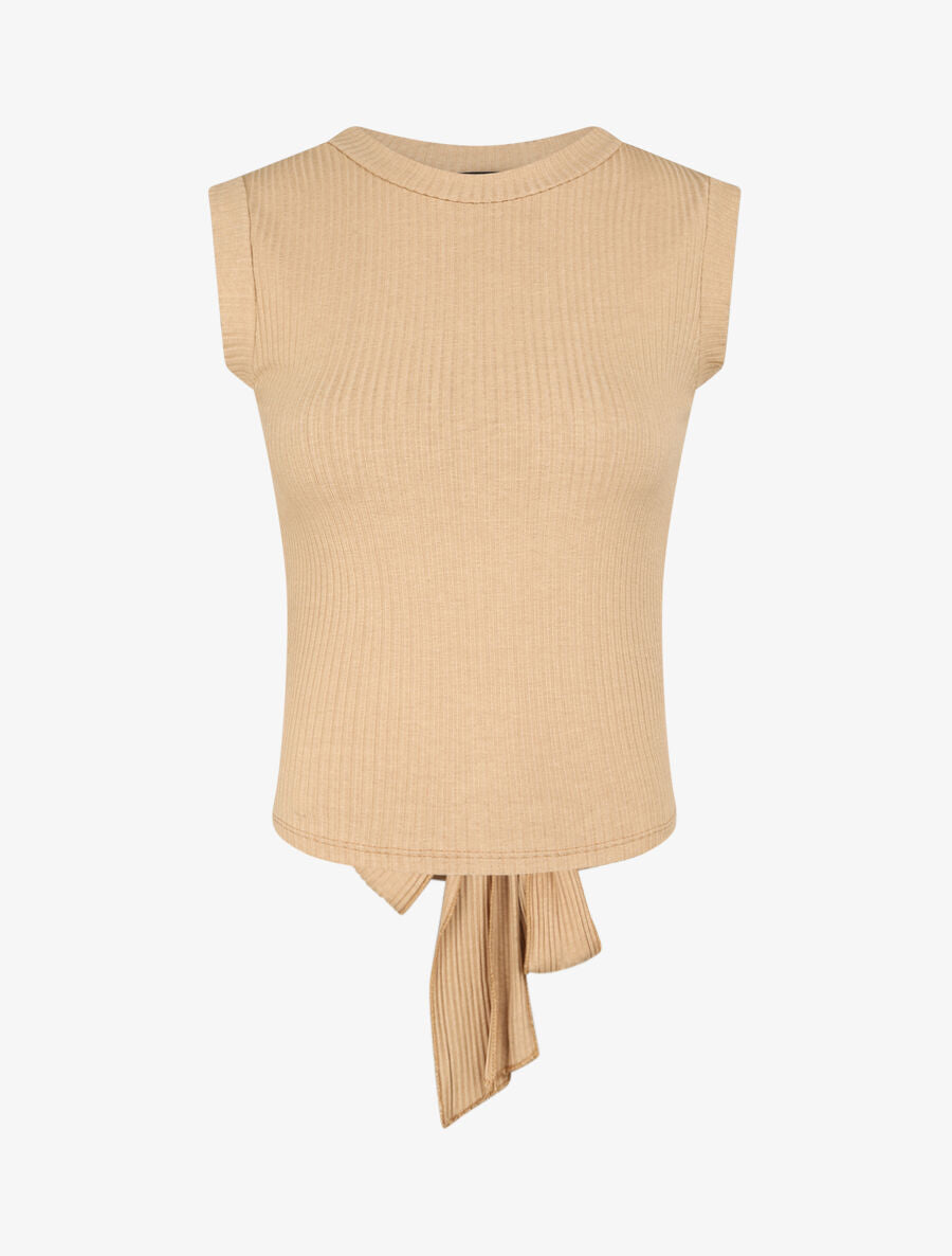 Top côtelé à ceinture à nouer - Camel - 1