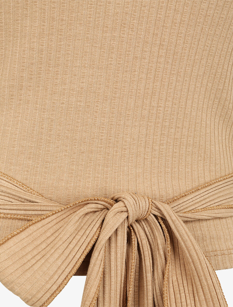 Top côtelé à ceinture à nouer - Camel - 3
