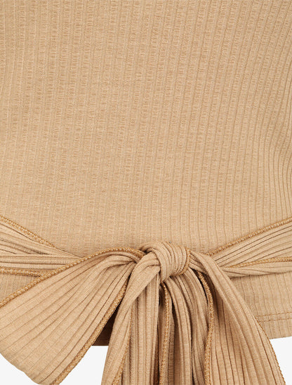 Top côtelé à ceinture à nouer - Camel - 3