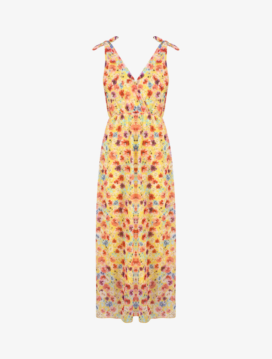 Robe imprimé fleurs champêtres à bretelles à détail noeud - Jaune - 1