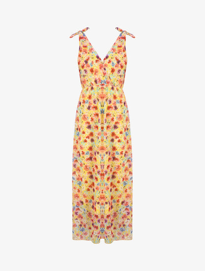 Robe imprimé fleurs champêtres à bretelles à détail noeud - Jaune - 1