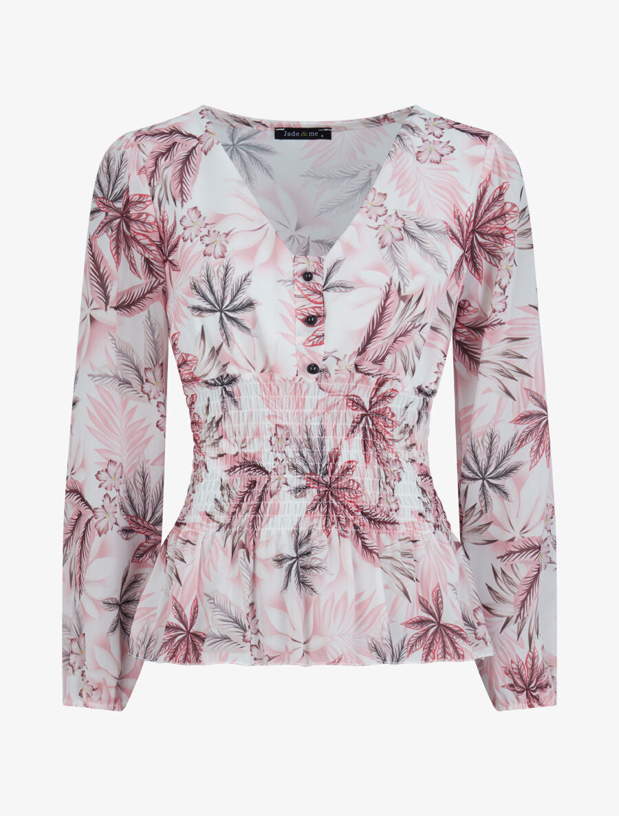 Top élastiqué imprimé tropical - Rose - 1