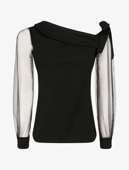 Top à manches en tulle et détail noeud - Noir - 1