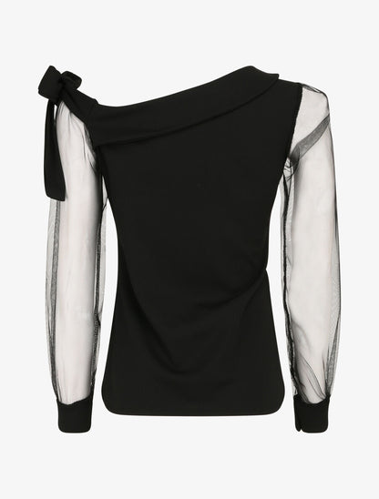 Top à manches en tulle et détail noeud - Noir - 2