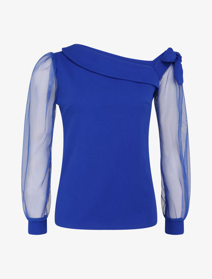 Top à manches en tulle et détail noeud - Bleu électrique - 4