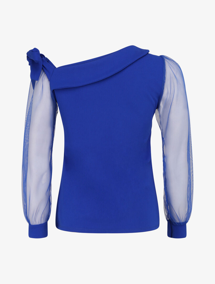 Top à manches en tulle et détail noeud - Bleu électrique - 2