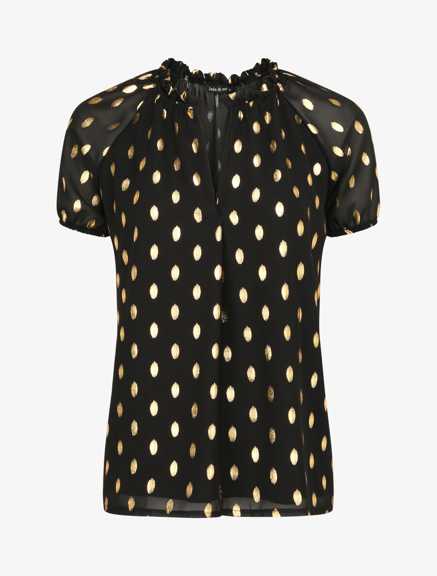 Top imprimé pois stylisés et irisés à col volanté - Noir - 1
