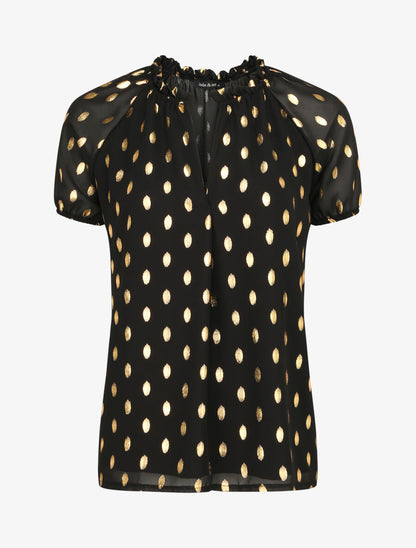 Top imprimé pois stylisés et irisés à col volanté - Noir - 1