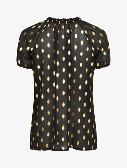 Top imprimé pois stylisés et irisés à col volanté - Noir - 2
