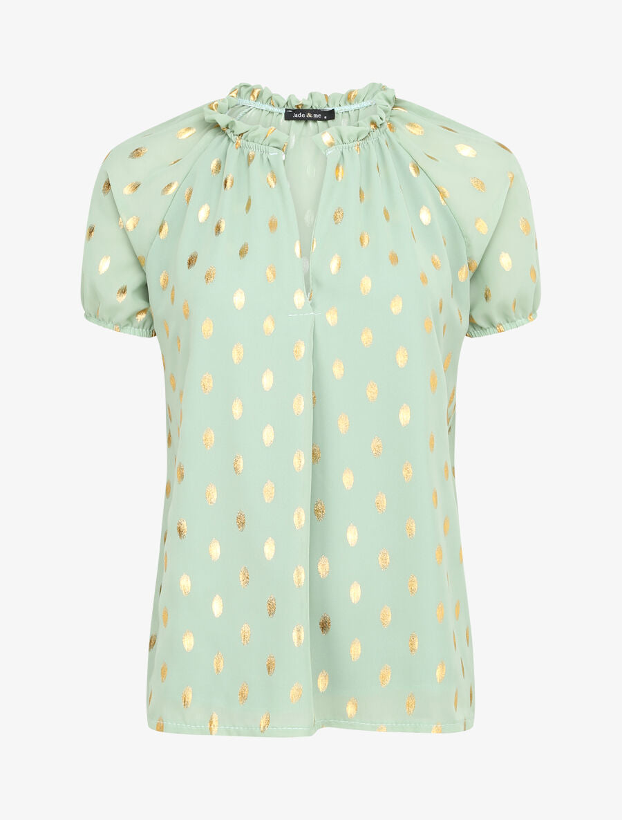 Top imprimé pois stylisés et irisés à col volanté - Vert clair - 1