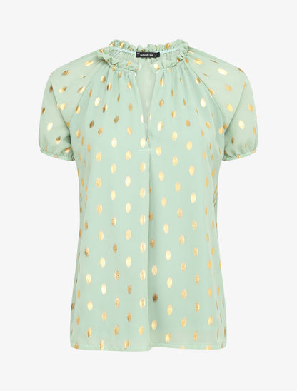 Top imprimé pois stylisés et irisés à col volanté - Vert clair - 1