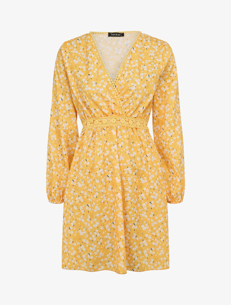 Robe imprimé fleurs de cerisier à détail crochet - Jaune - 4
