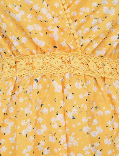 Robe imprimé fleurs de cerisier à détail crochet - Jaune - 3