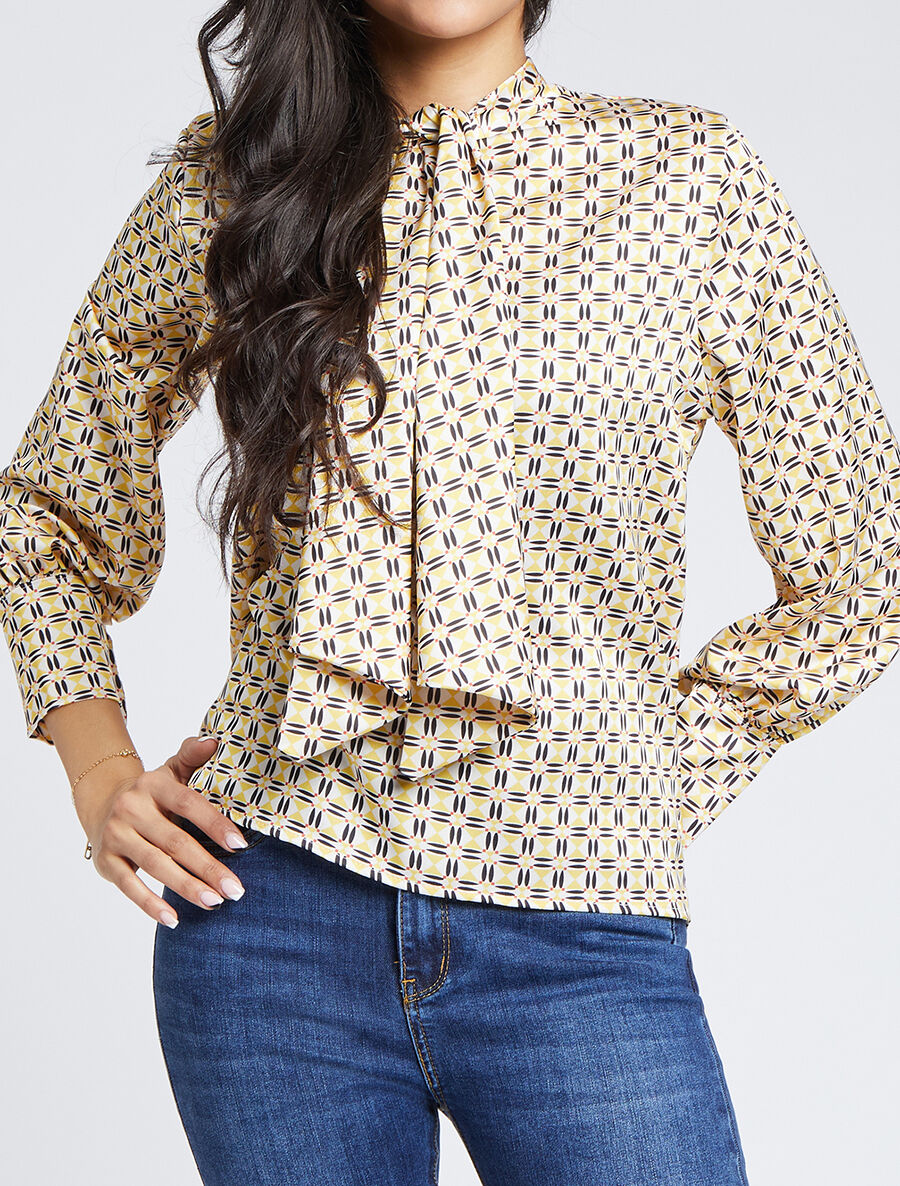 Blouse droite lavallière imprimé mosaïque - Jaune - 1
