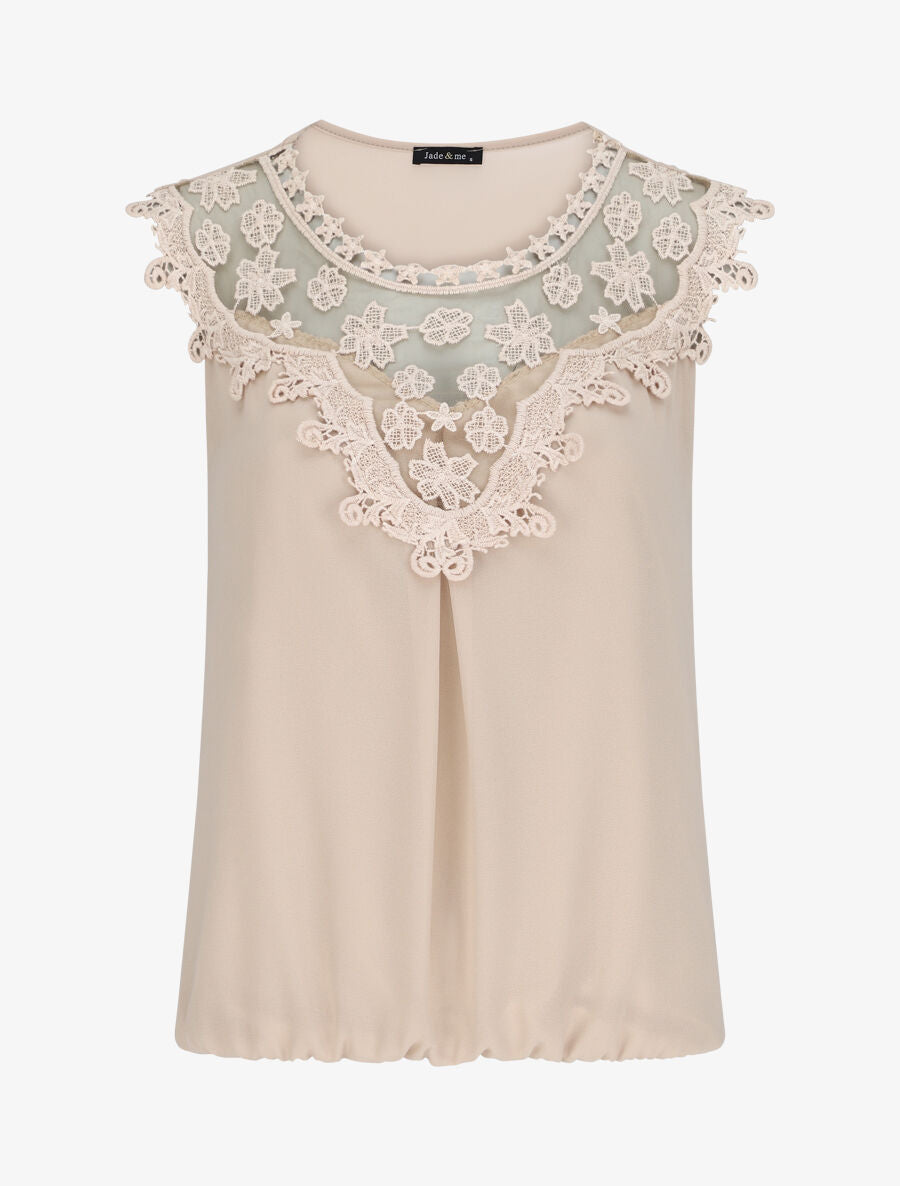 Top coupe boule à col en crochet et mesh - Beige - 5