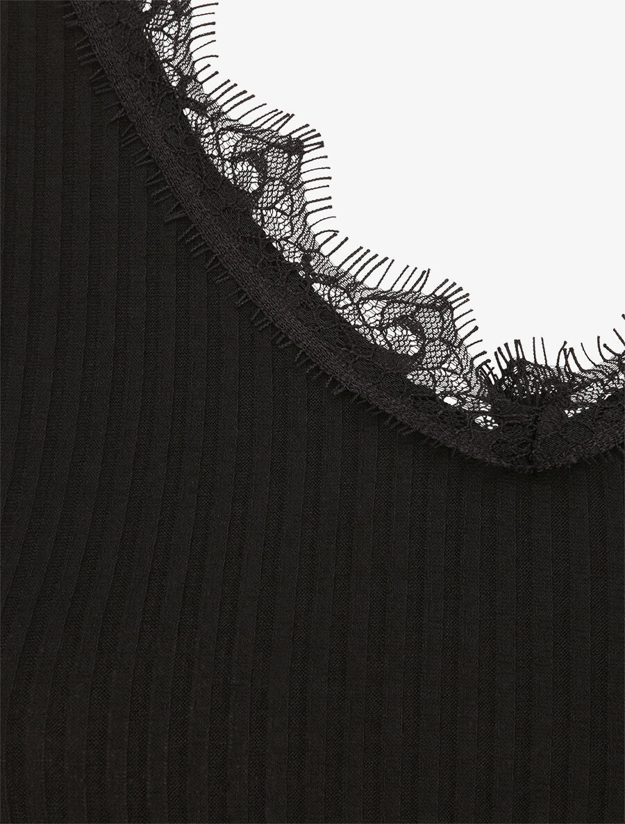 Débardeur droit côtelé à col dentelle - Noir - 3