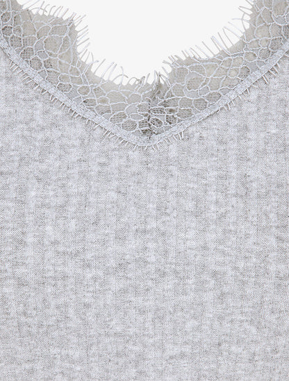 Débardeur droit côtelé à col dentelle - Gris clair - 3