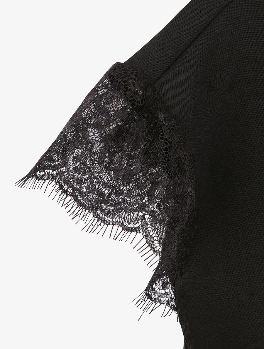 Top droit uni à mancherons dentelle - Noir - 3