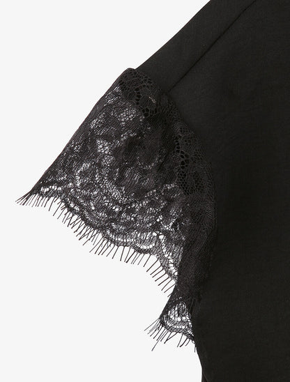 Top droit uni à mancherons dentelle - Noir - 3
