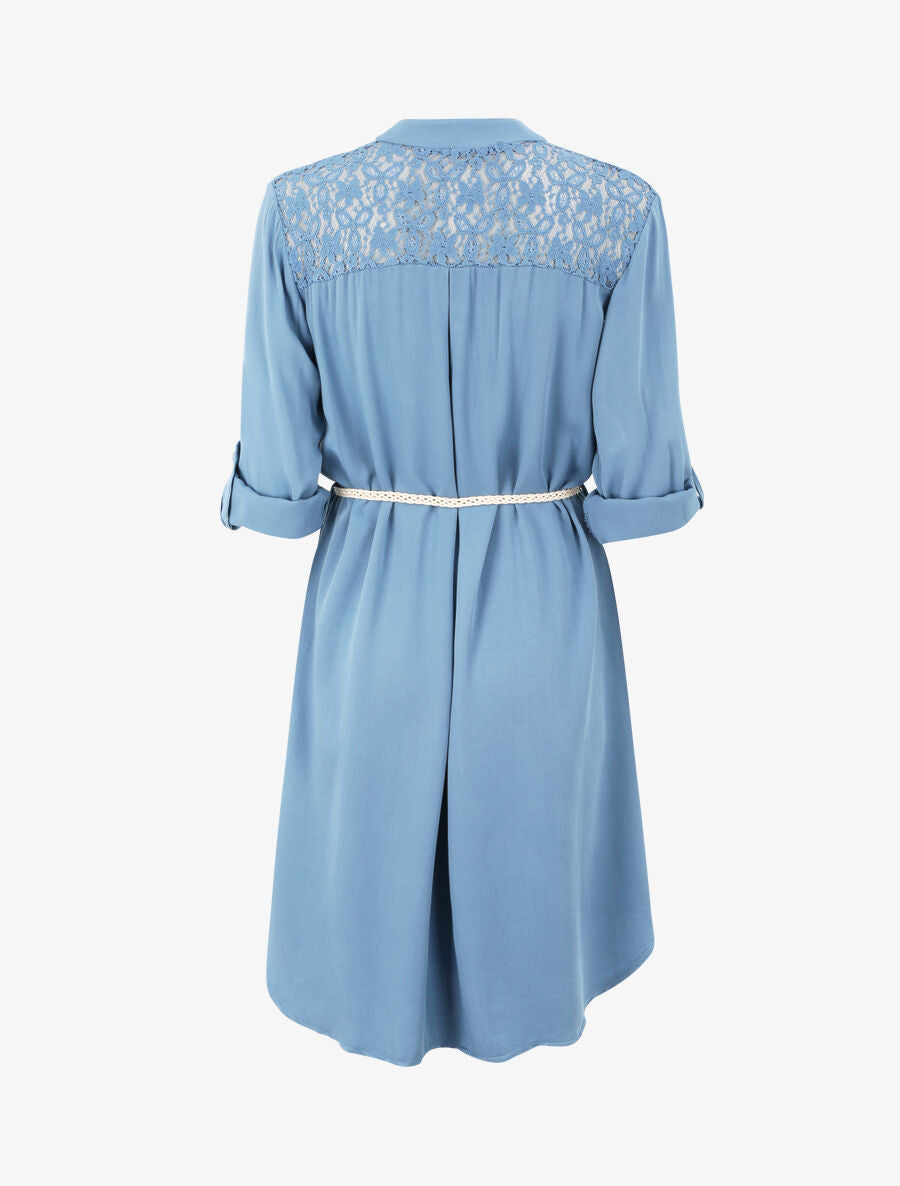 Robe chemise mi-longue unie à dos en dentelle - Bleu - 2