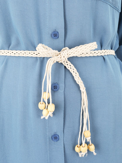 Robe chemise mi-longue unie à dos en dentelle - Bleu - 3