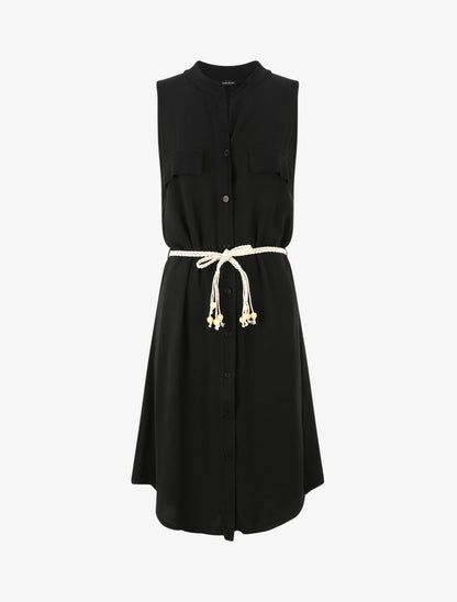 Robe chemise mi-longue unie à poches décoratives - Noir - 1