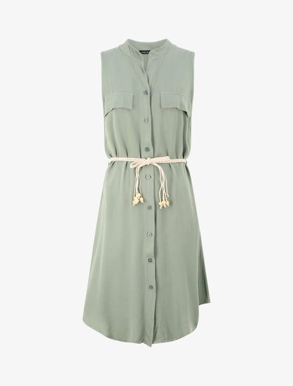 Robe chemise mi-longue unie à poches décoratives - Vert olive - 4