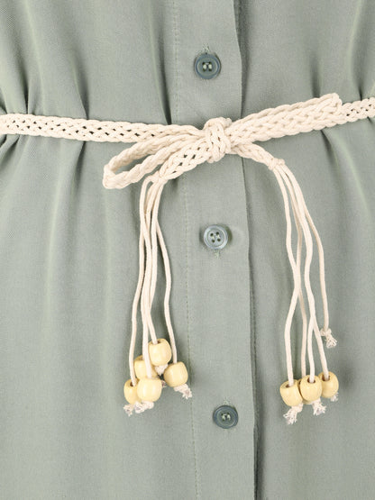 Robe chemise mi-longue unie à poches décoratives - Vert olive - 3