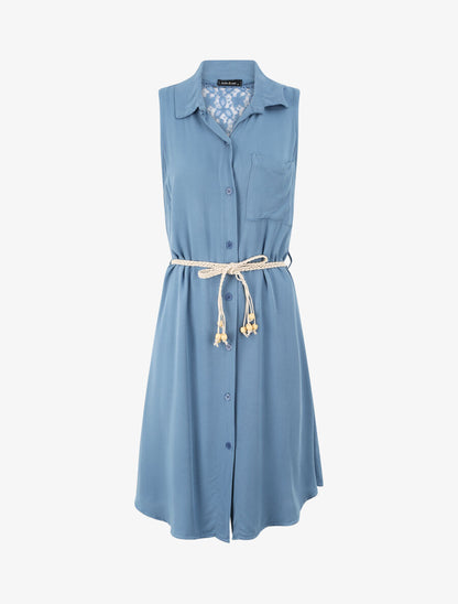 Robe chemise mi-longue unie sans manches - Bleu - 1
