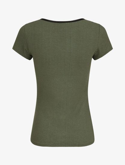 T-shirt slim uni côtelé - Kaki - 2