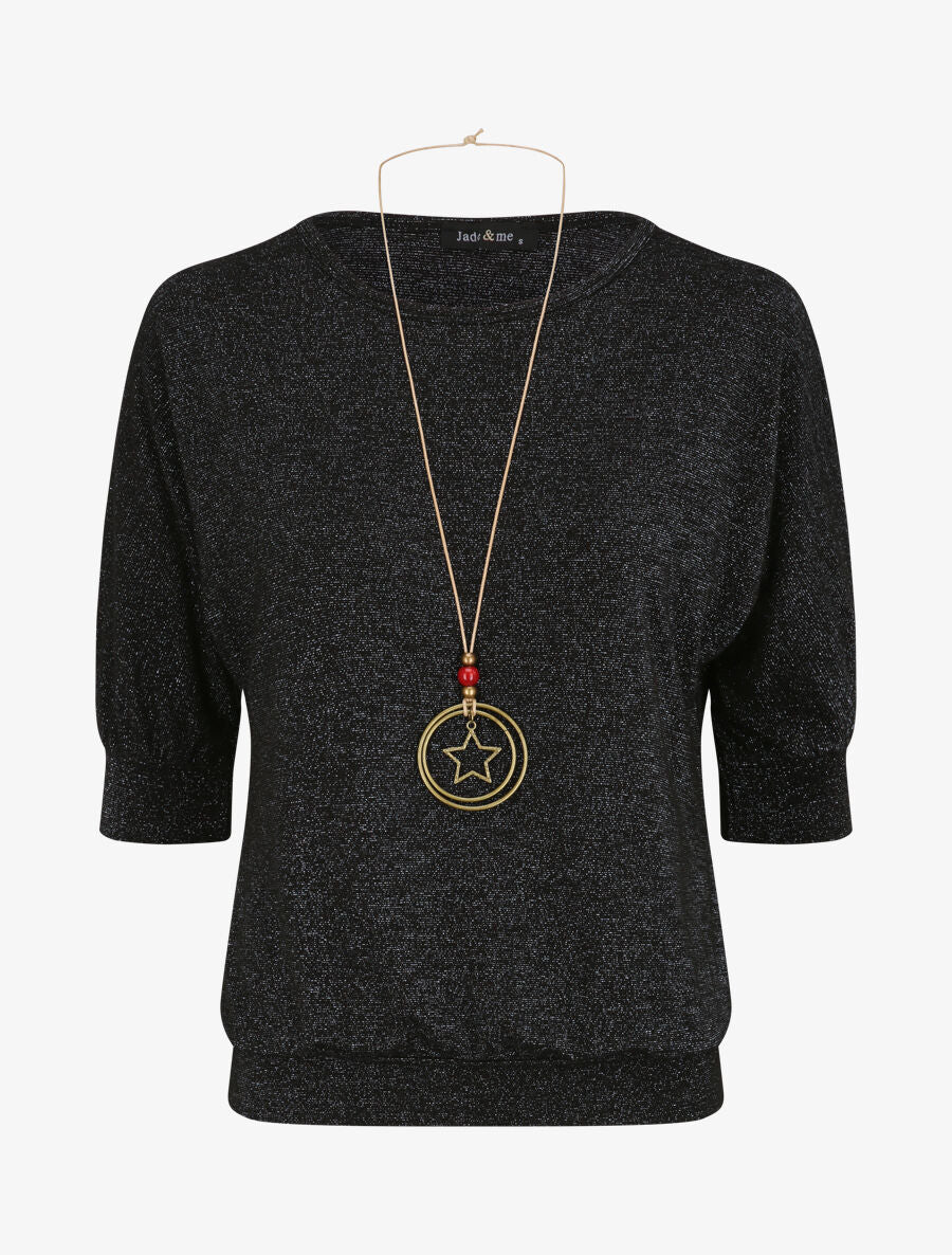 Top loose irisé manches 3/4 - Noir - 1