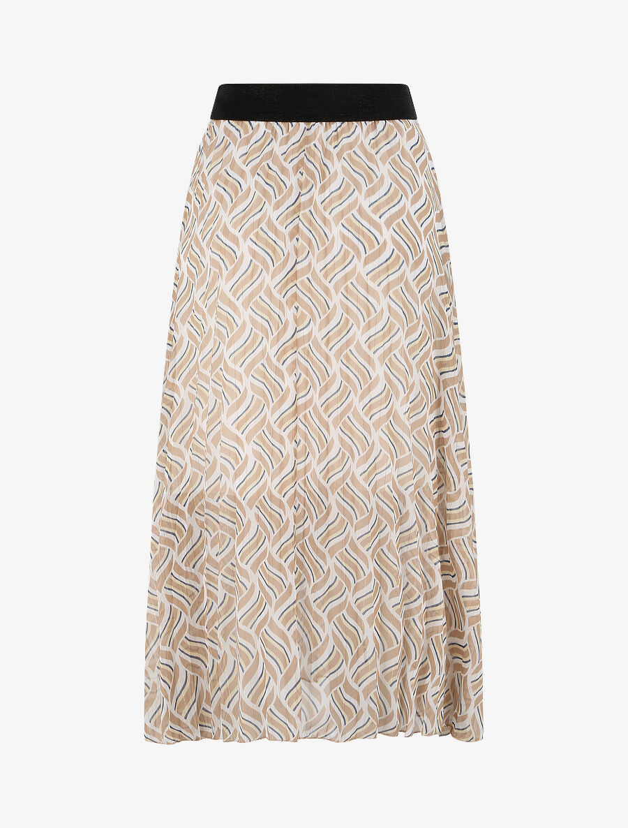 Jupe plissée mi-longue évasée imprimé géométrique stylisé - Beige - 2