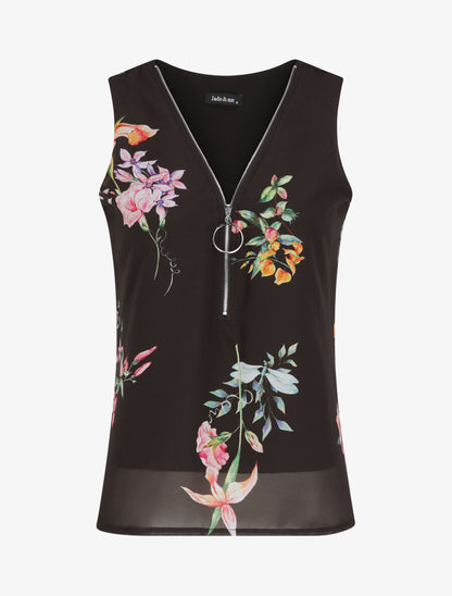 Top droit fleuri à col zippé - Noir - 1