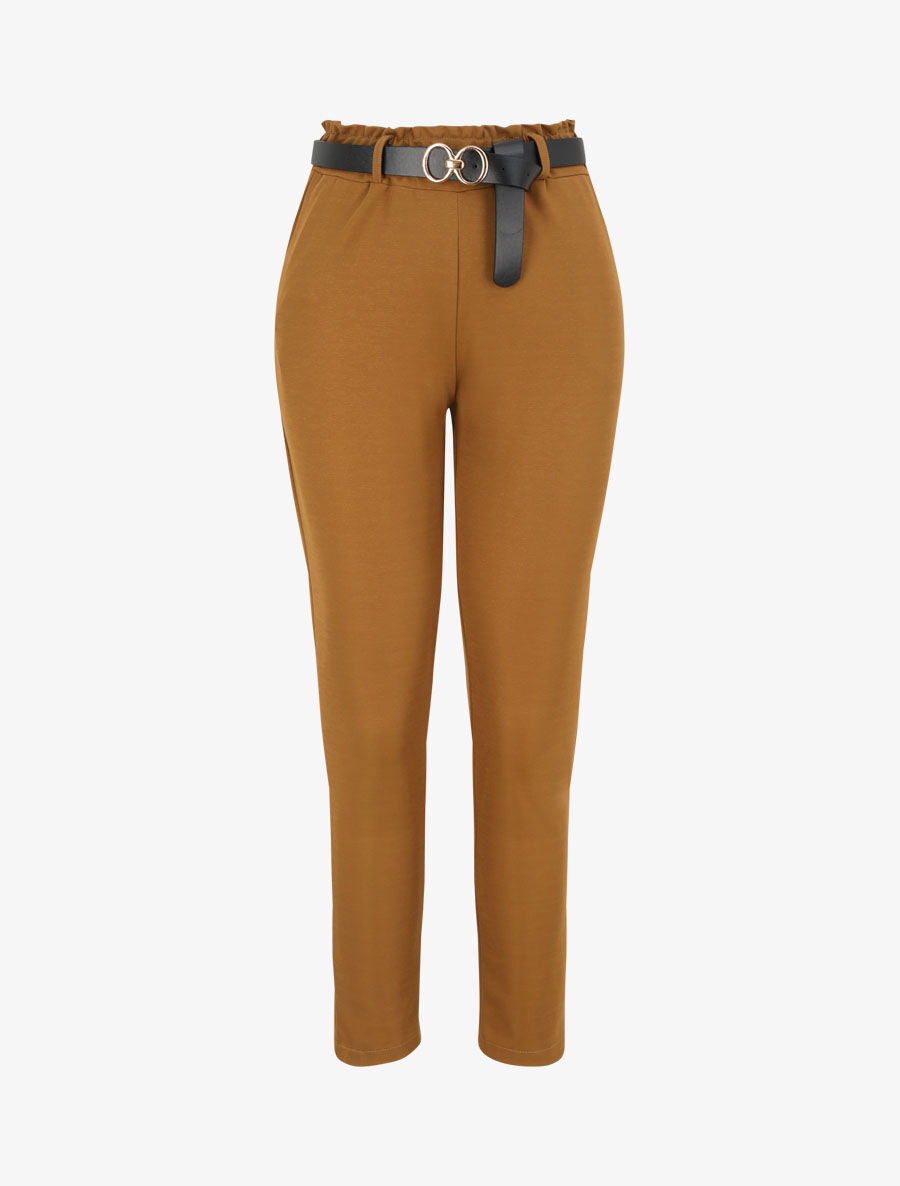 Pantalon droit uni à taille haute froncée - Camel - 1