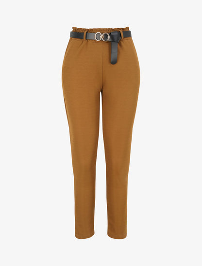Pantalon droit uni à taille haute froncée - Camel - 1