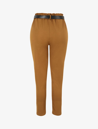 Pantalon droit uni à taille haute froncée - Camel - 2