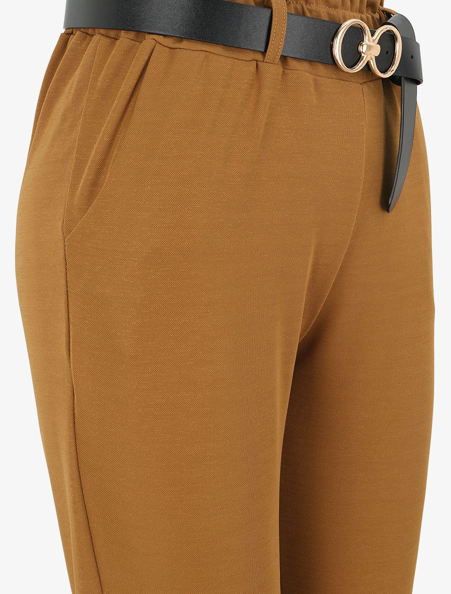 Pantalon droit uni à taille haute froncée - Camel - 3