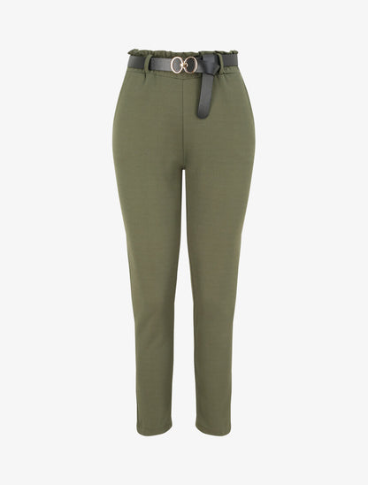 Pantalon droit uni à taille haute froncée - Kaki - 1