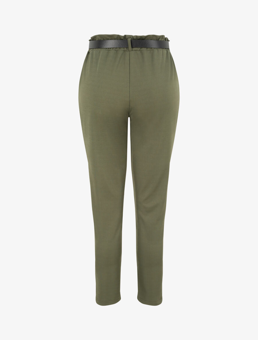 Pantalon droit uni à taille haute froncée - Kaki - 2