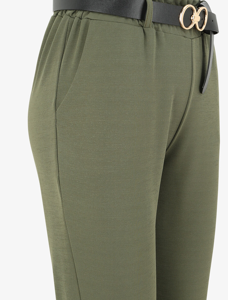 Pantalon droit uni à taille haute froncée - Kaki - 3
