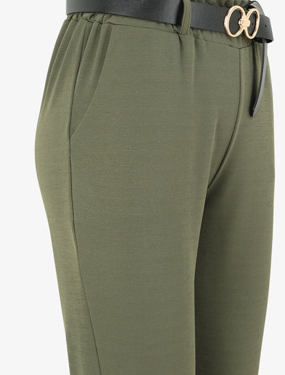 Pantalon droit uni à taille haute froncée - Kaki - 3