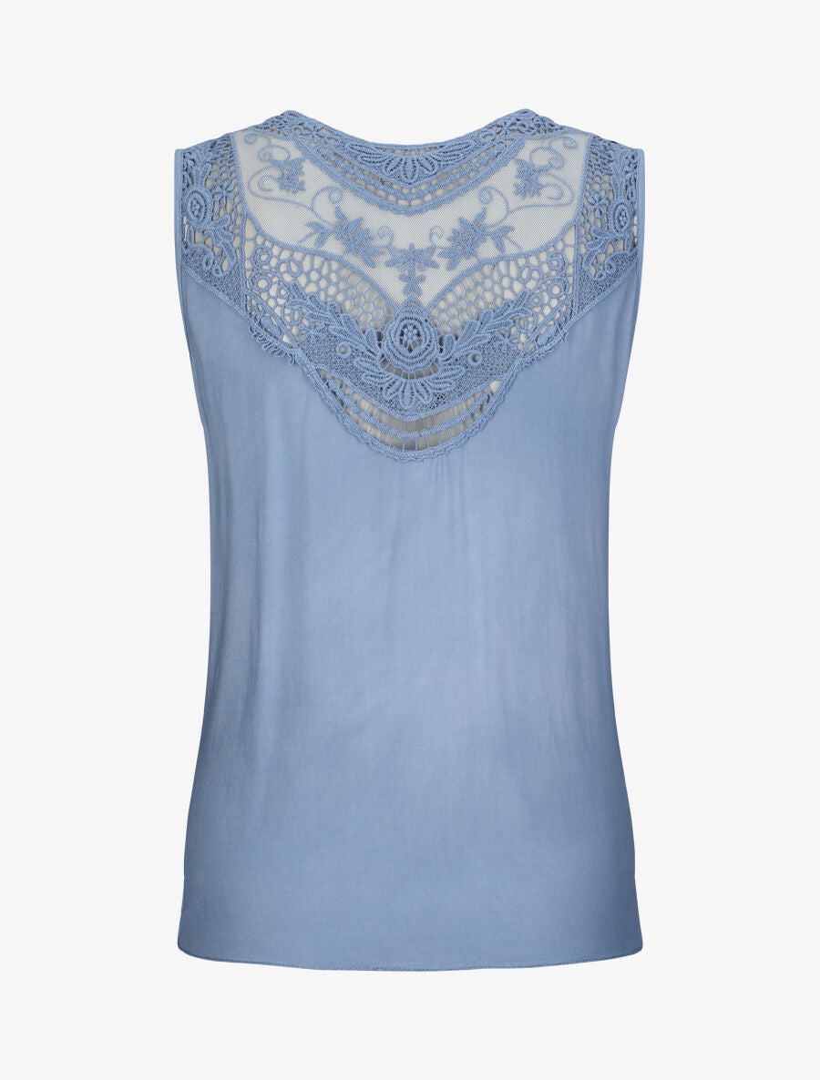 Top droit uni sans manches dos en dentelle - Bleu - 2