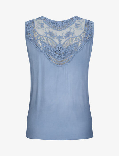 Top droit uni sans manches dos en dentelle - Bleu - 2