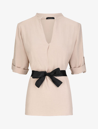 Blouse droite unie à manches 3/4 - Beige - 4
