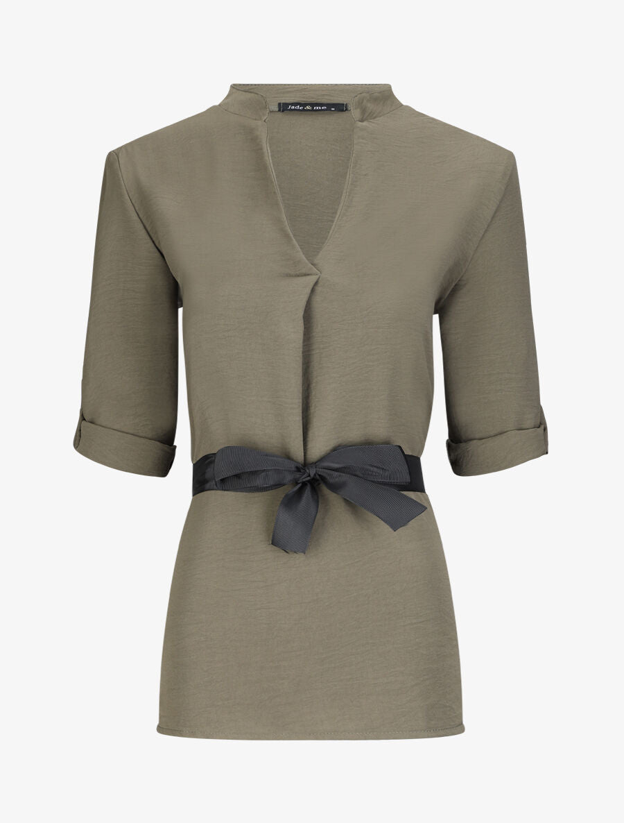 Blouse droite unie à manches 3/4 - Kaki - 1