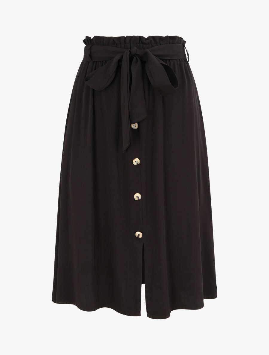 Jupe mi-longue évasée unie à taille froncée - Noir - 5