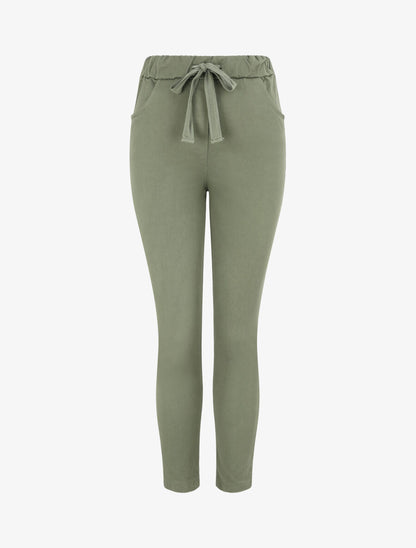 Pantalon slim uni à taille haute élastiquée - Kaki - 1